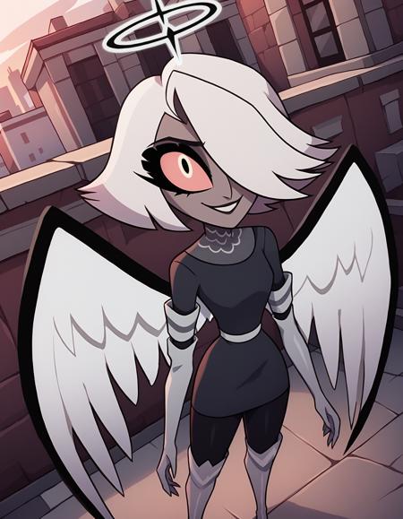 xvaggiex, white hair, very long hair, hair bow, colored sclera, hair over one eye red shirt, crop top, black skirt, thighhighs, elbow gloves, fingerless gloves xvaggiex, angel, angel wings, halo, white hair, short hair, colored sclera, hair over one eye dress, thigh boots, elbow gloves