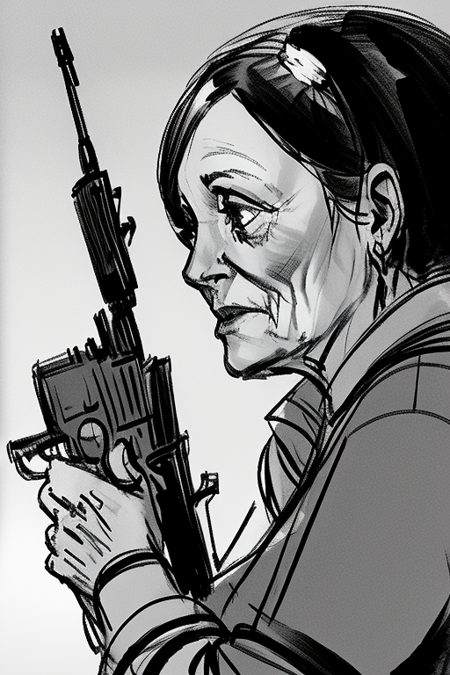 an old lady shooting a gun, greyscale <lora:dan_milligan:0.8>