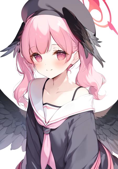 shiratama \(shiratamaco\),score_9, score_8_up, score_7_up, masterpiece,best quality, newest,
koharu_\(blue_archive\),1girl,beret,black headwear,black shirt,black wings,blush,closed mouth,collarbone,feathered wings,flat chest,halo,hat,head wings,long sleeves,looking at viewer,low wings,neckerchief,off shoulder,pink eyes,pink hair,pink halo,pink neckerchief,sailor collar,sailor shirt,shirt,simple background,single bare shoulder,smile,solo,twintails,upper body,white background,white sailor collar,wings,