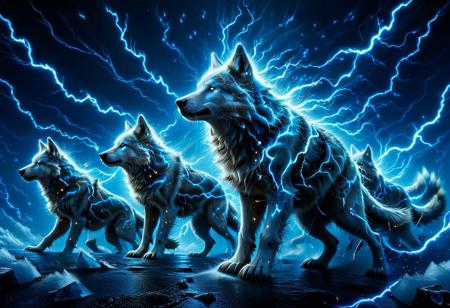 (fine texture, masterpiece, ultra-detailed, very aesthetic, absurdres, volumetric lighting, newest), aidmamj6.1, aidmaImageUpgrader, (renaissance oil painting, Illustration by Rembrandt:1.4),
BREAK
A pack of wolves made of living thunder streak across a moonlit tundra, their howls ripping lightning from the sky. Each paw strike ignites the ground in electric blue, and their eyes glow like downed powerlines. The alpha leaps, morphing mid-air into a storm cloud that rains shards of ice charged with static