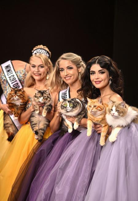 Ms World ballgown competition, five adult beautiful women of various nationalities lined up in a diagonal  row, diagonal view, dynamic angle, different breed of show cat held by each woman,, focus on cats and faces