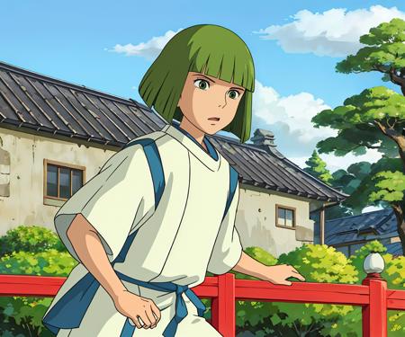 1boy, solo, short hair, bangs, outdoors, japanese clothes, green hair, sky, blunt bangs, bob cut, hakama, hakama skirt
<lora:ghibli_anime_v1:0.7>