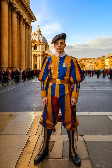 Vatican City, St. Peter's Basilica in the background, (outdoors), standing guard in St. Peter's Square, ConnorPeters wearing sg_uniform, wearing black chapeau, looking at camera, (wide angle), (((full body portrait)))  <lora:ConnorPeters:0.85>   <lora:sg_uniform:0.8>