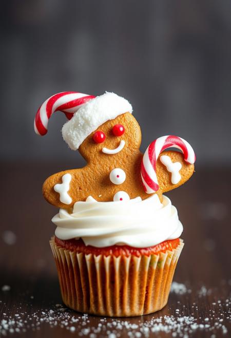 Gingerbread man made of peppermint wearing a Santa hat putting a gumdrop on top of a cupcake