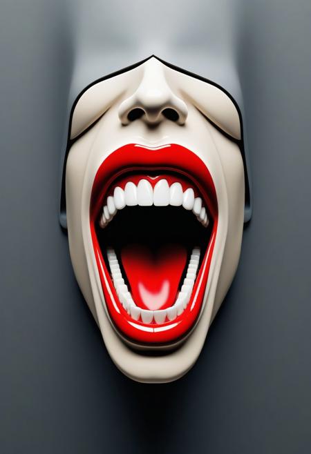 The image is a photograph of an unusual, surreal artwork featuring a stylized face with an exaggerated open mouth filled with large, stark white teeth. The face is rendered in a bold, comic strip style with bright, vivid colors, primarily featuring red lips, white teeth, and a dark background. The mouth opens wide, showing the teeth, giving the impression of shouting or screaming.
This image is a digital artwork with a minimalist and stylized depiction of a mountain, designed in a geometric and abstract manner. The mountain silhouette forms the central focus. The mountain, labeled "MOUNTAIN" in small, bold white letters near the top, is rendered in dark grey, with its peak pointing towards the top center of the image.
This is a digital artwork created using a technique called wave distortion, which involves using wavy patterns to create the illusion of depth or texture on an otherwise flat surface. The image depicts a person's face, specifically a head and shoulders, with a soft, flowing texture reminiscent of ripples in water or fabric. The background is a plain, light beige color, which helps focus the viewer's attention on the distorted face.