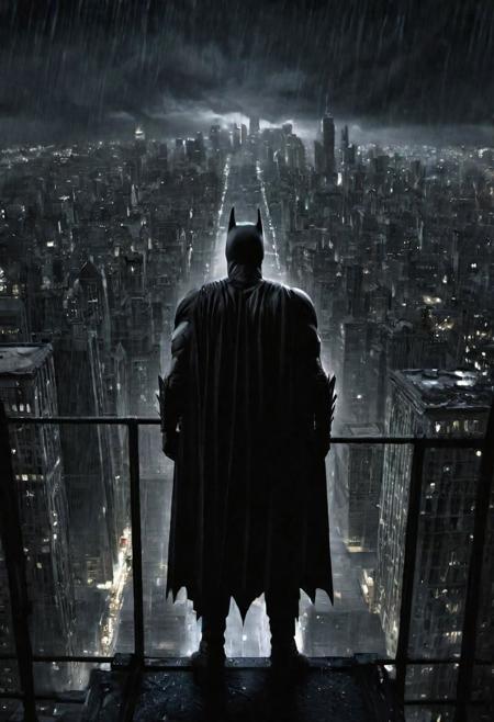 A majesting view of Gotham city rainy night, The dark knight standing on the ledge of tall building looking down upon the city, he's the hero Gotham deserves, but not the one it needs right now. So we'll hunt him. Because he can take it. Because he's not our hero. He's a silent guardian, a watchful protector. A dark knight, The image is dark and atmospheric, with a sense of mystery and danger. Batman's pose is powerful and determined, and the rain and lightning add to the overall sense of tension, high resolution, intricate, detailed, 8k