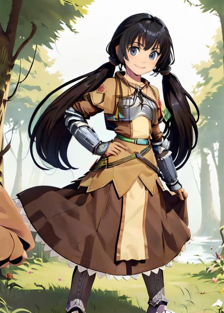 <lora:swordsmanROBetaV1:0.8>,swdro, 1girl, armor, belt, boots, dress, black hair, blue eye, (twin tails:1.2),
looking at viewer, standing, smile, detailed hand, hand on torso, 
fantasy background, forest, lake aside, sun, morning,