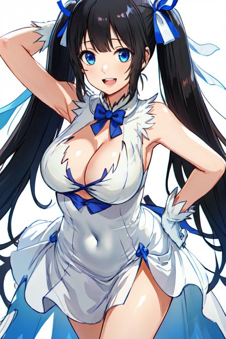 hews style,1girl, breasts, solo, hestia (danmachi), pencil dress, long hair, dress, twintails, large breasts, black hair, sandals, white gloves, blue ribbon, rei no himo, gloves, cleavage, ribbon, blue eyes, white dress, white background, simple background, covered navel, open mouth, looking at viewer, smile, very long hair, cleavage cutout, bangs, bow, hair ribbon, clothing cutout, sleeveless, standing on one leg, teeth, short dress, :d, bowtie, standing, sleeveless dress, upper teeth only, armpits<lora:hews_style:1>