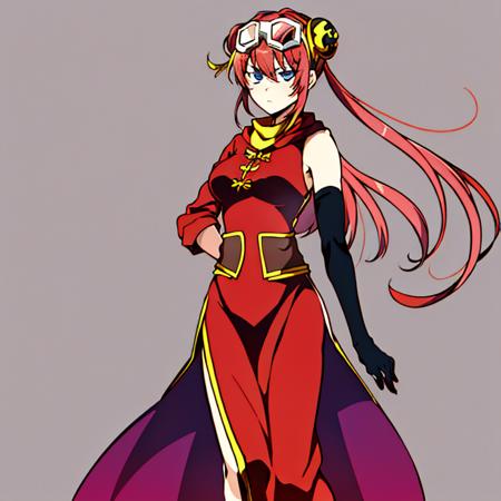 <lora:KaguraV3-1:1>, 1girl, Timeskip Kagura, kagura_(gintama), solo, red_dress, hair_buns, goggles_on_head