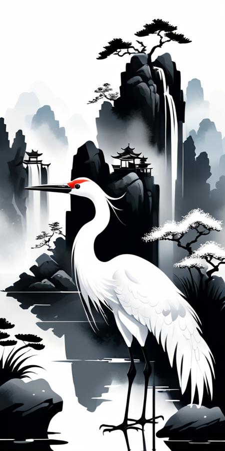 The white crane stands alone on one foor,the rockery,the pond,bold illustration,white background,Chinese ink style,ink drop,