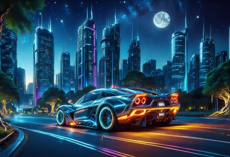 vibrant colors, shiny_skin, prefect lighting, detailed image, snoozing, masterpiece, best quality, highly detailed, ultra quality, 3DMM, morph-treeroots, 
(Sports car), 
On the road, outdoors, neon lights, glowing, city, skyscraper, building, sciencefiction, electricity, night, moon, moonlight,