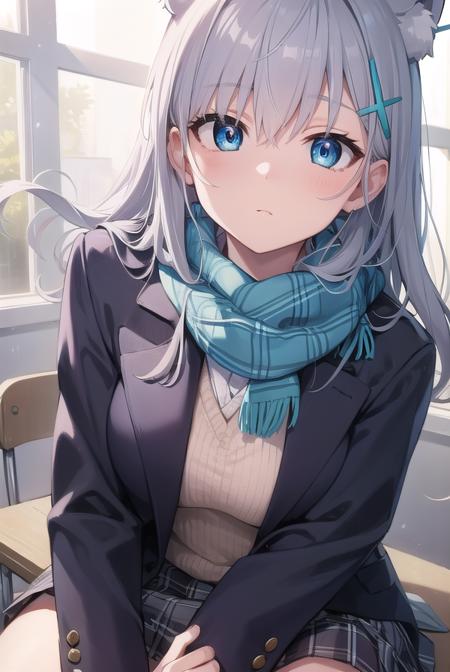 bluearchiveshiroko, <lyco:shiroko-lyco-nochekaiser:1>, 
shiroko, animal ears, blue eyes, grey hair, hair ornament, hairpin, halo, medium hair, wolf ears,
BREAK checkered clothes, checkered skirt, school uniform, skirt, scarf,
BREAK looking at viewer, 
BREAK indoors, classroom,
BREAK <lyco:GoodHands-beta2:1>, (masterpiece:1.2), best quality, high resolution, unity 8k wallpaper, (illustration:0.8), (beautiful detailed eyes:1.6), extremely detailed face, perfect lighting, extremely detailed CG, (perfect hands, perfect anatomy),