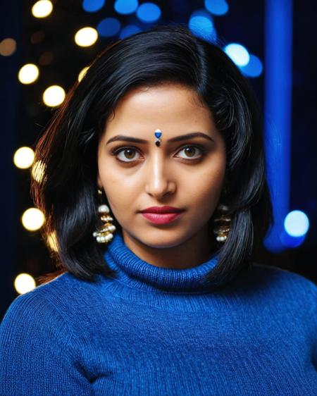 portrait photo of Anu Sithara woman, solo, bob hair cut, serious look, nose piercing, looking at the camera,  Blue turtleneck sweater, night time, contrasting background bokeh,  skindentation, <lora:Anu_Sithara_SDXL_LoRA_prodigy_local_xformers_HNE-000010:1>