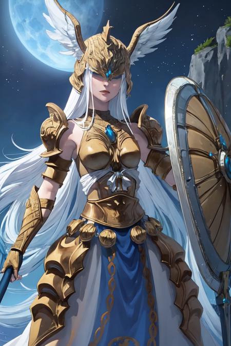 (masterpiece, best quality), outdoors, moon, cowboy shot, 1girl, solo, HaloneFF14, <lora:HaloneFF14_V1-Manityro-dadapt:1>, winged helmet, helmet over eyes, gold armor, shoulder armor, breastplate, armored dress, gauntlets, belt, holding polearm, [holding shield], stance