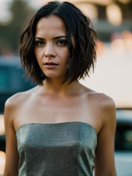 Realistic photo of a beautiful chr1st1n4r woman,  solo, short hair, black hair, bare shoulders, brown eyes, mole, hair over one eye, lips, messy hair, realistic, soft lighting, professional Photography, Photorealistic, detailed, RAW, analog, sharp focus, 8k, HD, DSLR, high quality, Fujifilm XT3, film grain, award winning, masterpiece <lora:chr1st1n4r:1.0>
