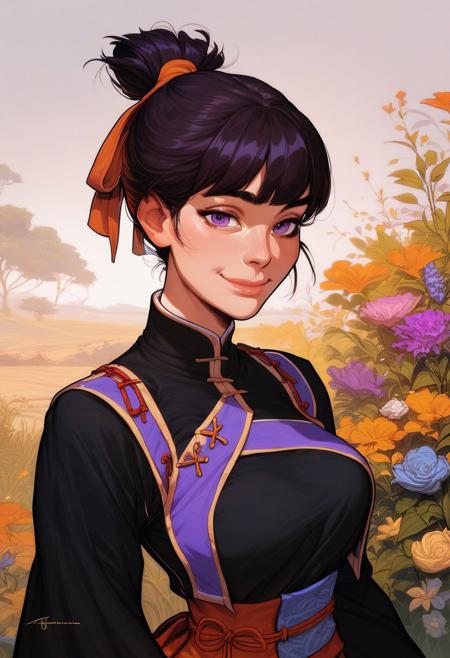 score_9, score_8_up, score_8, score_7_up, score_7, score_6_up, score_6, score_5_up, Score_5, asian woman, high ponytail, asian woman, hair ribbon, purple eyes, dark purple hair, smile, dress, flower, looking at viewer, long sleeves, breasts, medium breasts, black dress, tabard, chinese clothes, wide sleeves, upper body, ribbon, sash, bangs, closed mouth,  vox machine style, 1boy, male focus, solo, portrait, savanna background, fantasy, (dynamic lighting:1.1)
((masterpiece))