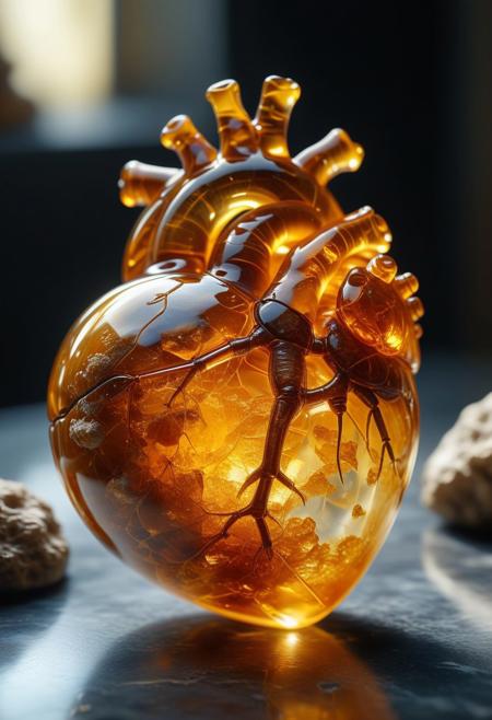 improved cinematic photo, 35mm photograph, film, professional, 4k, highly detailed,
An amber fragment enclosing a Human Heart,
The amber fragment is a smooth, slightly irregular sphere, roughly the size of a marble, with a warm golden-brown hue. Its surface is polished, gleaming softly under light, revealing a mesmerizing play of golden, honey, and orange tones. Tiny air bubbles and organic inclusions are scattered throughout, lending it a sense of antiquity and natural complexity.
Inside, a perfectly preserved Human Heart lies suspended in time, its delicate body encased in the translucent amber.
Around the Human Heart, subtle striations and minute organic fragments, possibly plant material or dust, create a vignette that frames the insect. The amber’s clarity varies in places, with some sections slightly cloudy, further accentuating the Human Heart as the focal point. The fragment feels timeless, a tiny time capsule offering a glimpse into a prehistoric world millions of years ago