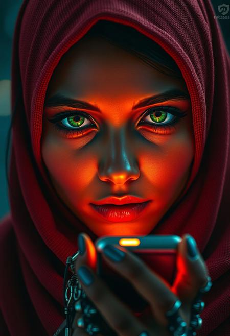 Photorealistic cyberpunk close-up portrait of a Muslim teen woman inspired by the Afghan Girl photo. She has smooth dark skin, full lips enhanced with makeup that complements the deep red  hijab and the intensity of her piercing green cybernetic eyes that glow faintly. Her eyes are highly detailed, glowing subtly with intensity under neon reflections. She now wears a textured deep red hijab, draped loosely around her head and shoulders, with strands of black hair peeking out naturally.
In her cybernetic hand, she holds a compact glowing handheld computer, actively