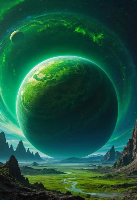 masterpiece, An oil painting of a verdant alien planet, planet with rings in the sky  background, vibrant colors, best quality, highly detailed, 8k