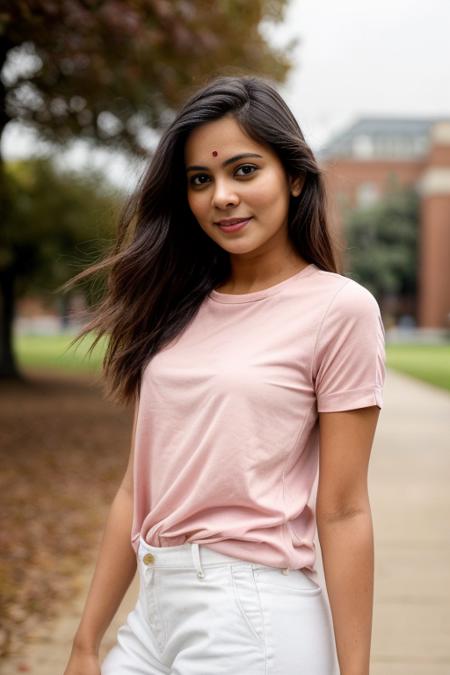 (instagram photo, of Indian, in pink top, on a university campus) (dynamic pose:1.3) (detailed eyes), (looking at viewer), sharp focus, small smile, <lora:add_detail:0.8>