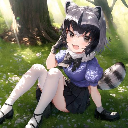 araisan, 1girl, animal ears, raccoon ears, solo, raccoon tail, grey hair, short hair, skirt, black bowtie, brown eyes, fur collar, puffy short sleeves, fang, raccoon girl, periwinkle shirt, pleated skirt, black skirt, bangs, black and white gloves, hair between eyes, white legwear, black shoes, white sleeves, sunlight, sun rays