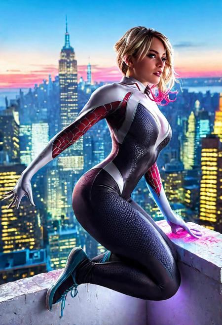 High resolution ultra-realistic of Beautiful Spider-Gwen, 8k, capturing the intensity of the moment, cinematic lighting, Squatting on the roof of a skyscraper in restless New York, wavy blonde hair, realistic dirty face with blood, realistic blue eyes, beautiful hourglass figure, intricately designed Spider-Gwen tight combat costume, Marvel comics Aesthetic, perfect athletic figure, beautiful  Spider-Gwen, ultra realistic, cinematic style, vigorous and Alluring, athletic figure, sci-fi style, dramatic lighting, wet and sweaty skin, dirty pale skin, athletic figure, dark sci-fi, blue neon, dramatic lighting, Greg Rutkowski style, Spider-Gwen on in cool dress, hyper-detailed, hyper-realistic, natural light, extremely intricat e details, masterpiece, epic, bright colours, Attractive 21 old years girl, beautiful firm Breasts, sharp focus, digital painting, Photograph Taken on Nikon D750, Alphonse Mucha, athletic figure, Hyperdetailed, hyperrealism, Attractive, Attractive bust girl, asymmetric balance