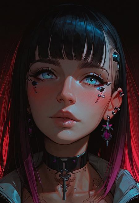 score_9, score_8_up, score_8_up, 1 Japanese girl, 1 girl, cyberpunk, multi coloured hair, ((long hair)), ((bangs)), straight hair, piercings, choker, portrait, nervous, looking up at viewer, blushing, leaning in to kiss viewer, happy to see viewer, POV, ((streetwear)), average tits, teardrop shaped tits, fit body, thin waists, beautiful, day lighting, negative_hand, g0thicPXL, GTA