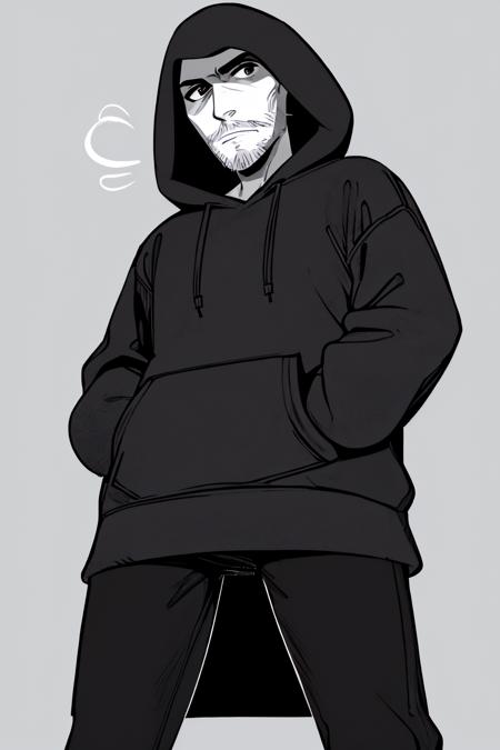 anintruder stubble hood up black hoodie
