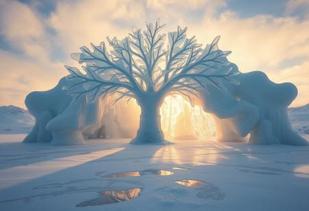 icy landscape. A gigantic ice sculpture shaped like a tree stands at the center, its transparent branches reaching skyward. Soft washes of sunlight spill through the ice, creating gentle reflections in the snow-covered ground. brings a dreamy, fluid quality to the scene, with soft blues and golden yellows blending harmoniously.