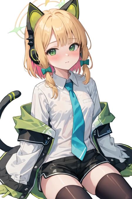 best quality, masterpiece, highres, solo, {midori_bluearchive:1.15}, headphones, animal_ears, blonde_hair, fake_animal_ears, animal_ear_headphones, green_eyes, cat_ear_headphones, bow, halo, bangs, blush, hair_bow, short_hair, 1girl, blue_necktie, cat_tail, collared_shirt, jacket, looking_at_viewer, multicolored_clothes, multicolored_jacket, necktie, shirt, simple_background, tail, white_background, white_shirt, long_sleeves, shorts, black_shorts, black_thighhighs, hood, sitting, thighhighs