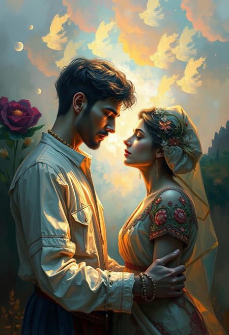A classic oil painting depicting a union in soft, gentle light. The surreal digital art style showcases vibrant colors, dreamlike compositions, intricate details, nature-inspired themes, cosmic elements, and abstract landscapes.  Diffused shadows and subtle illumination highlight rich textures and visible brushstrokes.