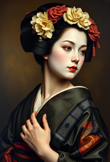 classic antique caravaggio painting of a beautiful japanese geisha, she is 20 years old with pretty round face,