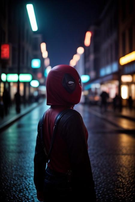 dramatic, high contrast, back lighting, Redhead, 19 year old woman , with glowing halo, wearing a Deadpool mask,
The haio light is shinning on her hair 
looking over her shoulder back at the ciewer
rain wet street with warm neon lights reflecting
night time