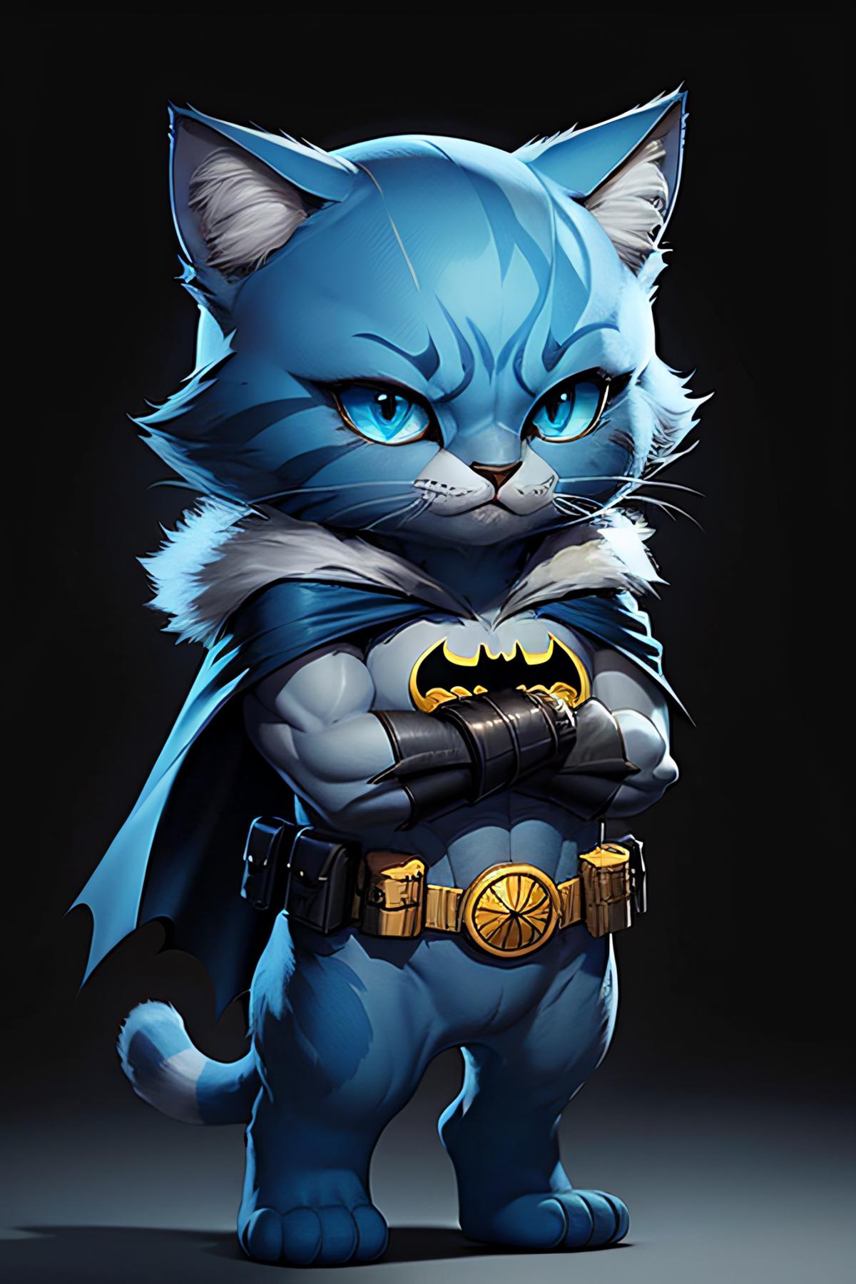 Blue cat wearing a Batman costume.