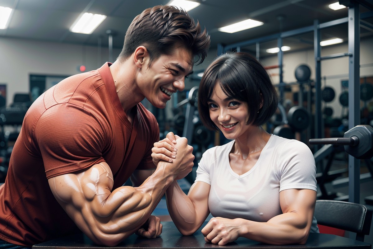 1girl 1man, armwrestling, anime style, (smiling) wearing ((shirts)), in a gym, effort and straining, sweating bodybuilder,...