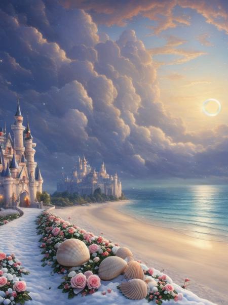 castle, flowers, delicate scene, sky,white clouds,and sunlight shine on the snow-white beach. flowers roses and shiny large shells,  diamond crystal, on the beach, fantasy, sky night , moon, smoke , fire, photo, HD, 8K ,