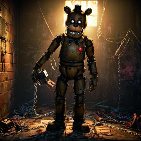 (masterpiece:1.4),full body shot, five nights at freddy's, animatronic, exposed wiring, broken, horror:1.2, digital painting, smooth lines, detailed background,Cinematic Lighting,cg trending art, <lora:xl_more_art-full_v1:1.2> <lora:more_details:0.89>