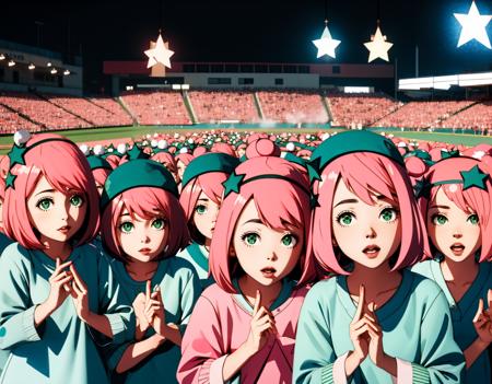 <lora:Shadow_clone-09:1> shadow clone, clone, <lora:SpyxFamilyAnya-v1:0.6> ChopioAnya, pink hair, medium hair, green eyes, , outfit_3, blue headwear, nightcap, pajamas, star (symbol), star print, slippers, <lora:people_count_slider_v1:2> 6+girls, 50 girls,