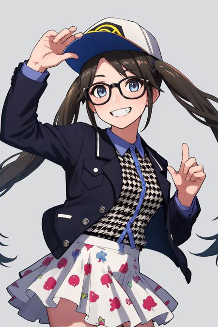 masterpiece, best quality, 1girl, solo, <lora:yuika-im-richy-v1:1> yuikadef, twintails, glasses, baseball cap, jacket, shirt, houndstooth, white skirt, grin, looking at viewer,