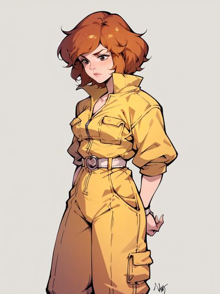 april o'neil, 1girl, solo, orange hair, short hair, jumpsuit pizza bikini, 