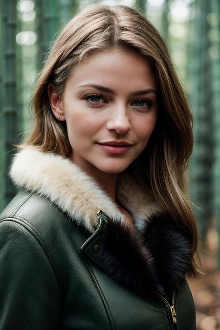 photo of (tabbethell-140:0.99), a beautiful woman, perfect blonde hair, (modern photo, Midnight Green Faux shearling aviator jacket with a faux fur collar and a vintage-inspired design), 24mm, (analog, cinematic, film grain:1.3), (A tranquil, sunlit grove of bamboo:1.2), detailed eyes, (seductive pose), (epicPhoto), (looking at viewer), jewelry, (cinematic shot:1.3), PA7_Portrait-HL_v2