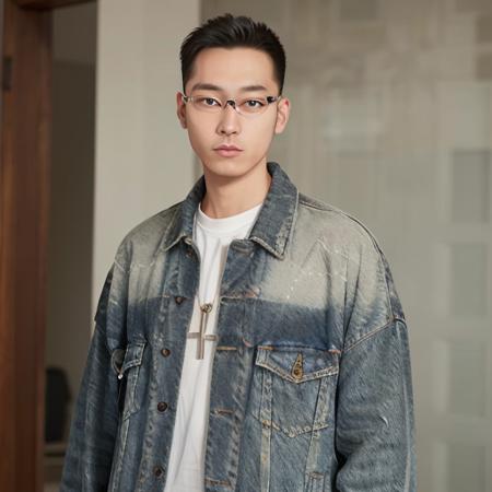 Realistic,  (masterpiece, best_quality:1.1), a man wearing glasses  standing in front of a glass door with a cross on it, balenciaga, Oversized Jacket, Light Japanese indigo denim, (Front portrait: 2).