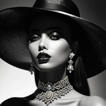 A monochromatic, high-contrast, close-up portrait of a woman viewed from a low angle, emphasizing her neck and face. She wears a wide-brimmed hat that casts shadows on her face, accentuating her sharp features. Her lips are glossy, slightly parted, and adorned with sparkling accessories. The woman is adorned with an elaborate, diamond-studded choker necklace that drapes elegantly down her neck, catching the light in a way that makes the jewels shimmer. The overall mood is glamorous and mysterious, with a sleek and stylish aesthetic