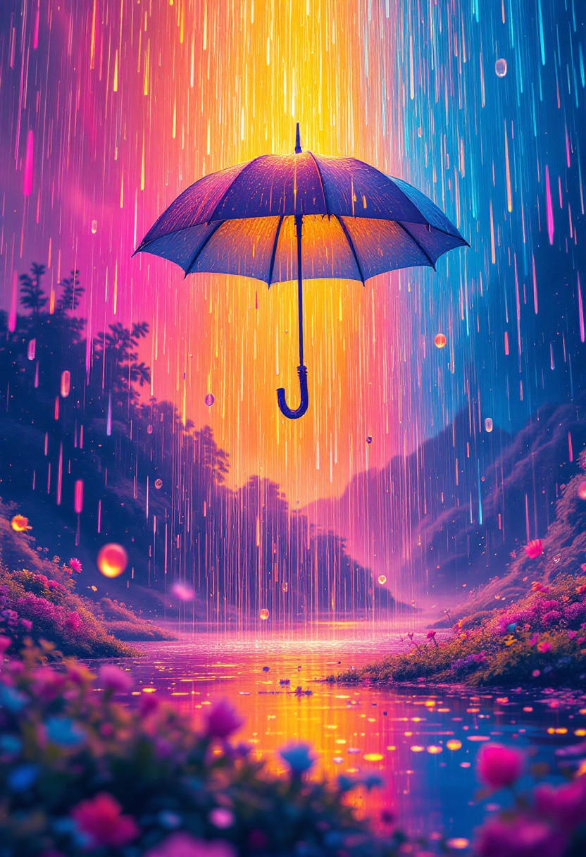 A highly detailed, cinematic scene inspired by the surrealist style of René Magritte, portraying a whimsical and uplifting rainstorm. Each raindrop appears vibrant, reflecting rich and deep colors against a bright, cheerful sky, lending an optimistic atmosphere to the composition. The background features a magical, dreamy landscape with expressive elements and a touch of the surreal—a floating umbrella or unexpected objects suspended in the rain, reminiscent of Magritte’s poetic charm. The color palette is saturated and radiant, with every detail crafted precisely for an aesthetically inspiring and immersive experience. The scene radiates a playful, pure, and almost ethereal quality, captivating with its vibrant tones and dreamlike coherence. Vivid surreal scene, whimsical rainstorm, bright sky, reflective raindrops, floating umbrella, magical elements, vibrant colors, playful atmosphere, expressive dreamscape, ethereal and cheerful. A meticulously crafted scene with cinematic flair, influenced by surrealism, showing a unique rainstorm where each drop shines with intense color, creating a lively contrast with a radiant sky. In the background, a fantasy-inspired world unfolds, complete with floating umbrellas and surreal objects dancing among the raindrops, celebrating the imaginative elegance often seen in Magritte’s work. The bold palette is rich and luminous, adding a sense of purity and playful charm.