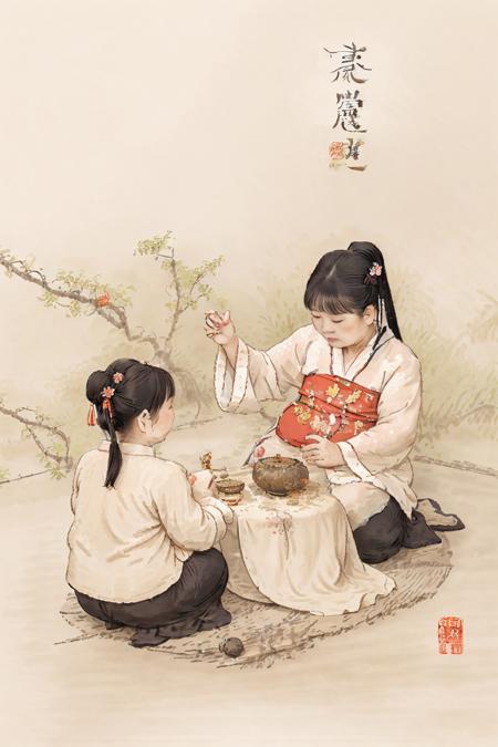 high quality, gushu, 6+girls are playing in a chinese painting style, hanfu, <lora:tangStyle5:0.3>