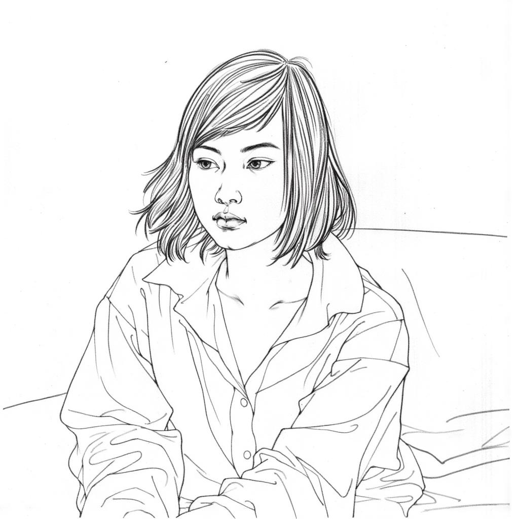 baimiao,xianmiao, a girl in the room, line arts, ink artwork                                                                                                      