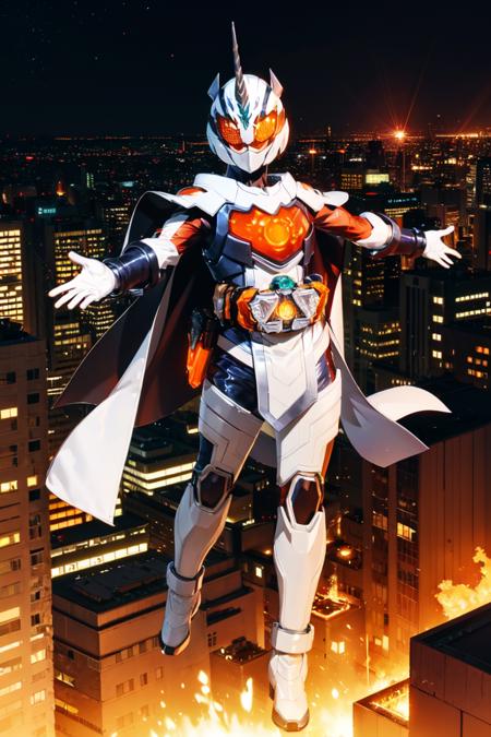 majade, solo, 1girl, mature female, perfect female body, narrow waist,wide hip,gloves, female focus, bodysuit, helmet, glowing eyes, orange eyes,boots, cape,tokusatsu, kamen rider,rider belt,horns, armor, unicorn,white ring,pelvic curtain,full body shot,cape,floating,casting magic,telekinesis, floating objects,arm raised, outstretched arms, on rooftop,city background, hdr,bokeh,depth of field,night,   <lora:majade:0.7>