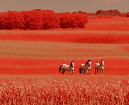 there are two horses standing in a field of tall red grass, a matte painting by Li Shida, deviantart, color field, infrared photography, red grass, ( colorful ),  <lora:Redia_yiu_v10:0.65>