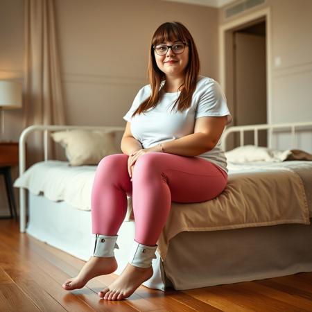 A full body shot of a chubby adult Scottish woman with long straight bangs, glasses, a white t-shirt, and pink textured leggings. She is barefoot wearing white and pink bdsm leather cuffs on ankles sitting  the side of a daybed in a bedroom with hardwood floors. Warm lighting,
