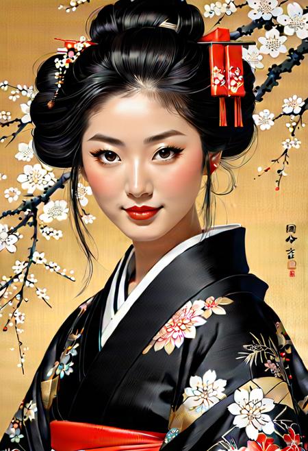 (Face portrait of a beautiful 26-year-old woman:1.5),cute face,wearing a black kimono,happy face,{{{Ukiyo-e_style}}},{{flat_style}},{simple_colors},{{{masterpiece}}},{katsushika_hokusai},{chinoiserie},{{{best_quality}}},kimono,{{ultra-detailed}},{illustration},{{an_extremely_delicate_and_beautiful}},{Gorgeous and rich graphics},